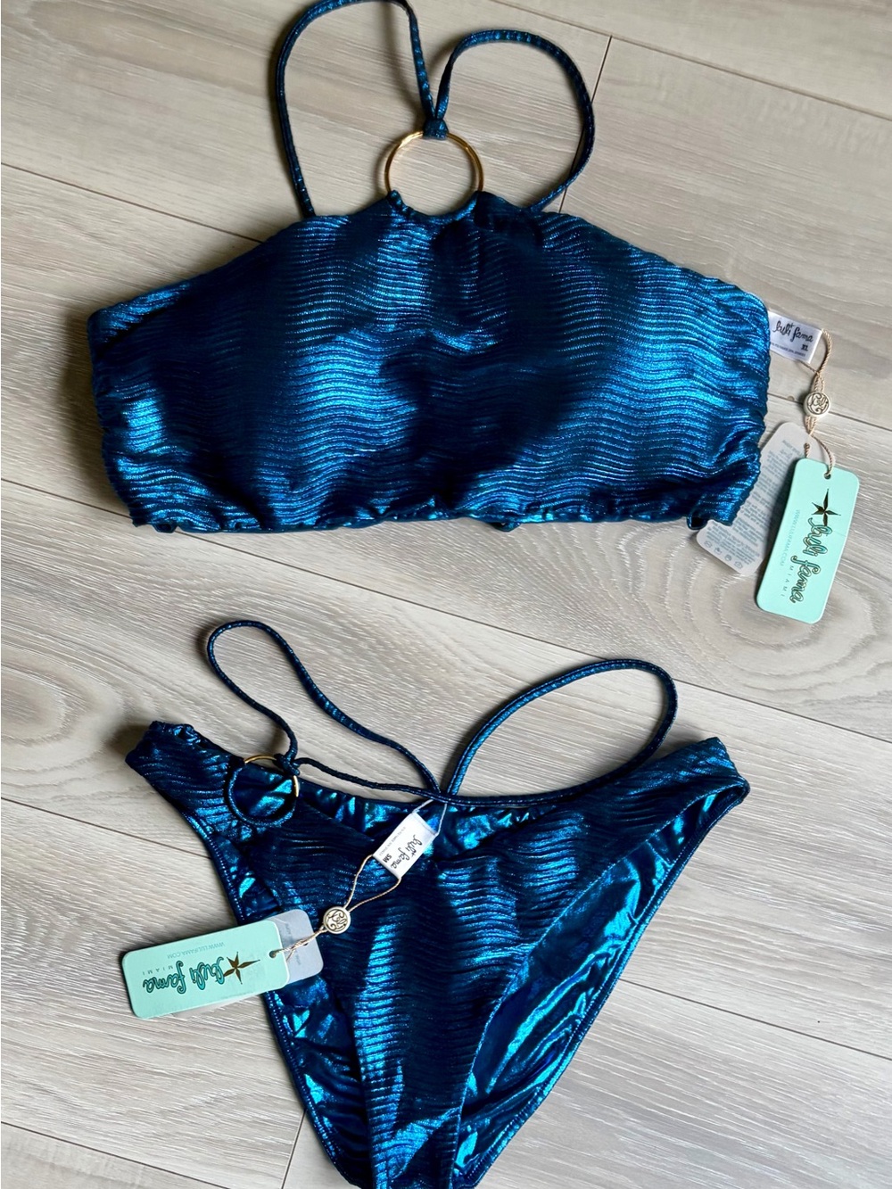 Luli Fama Shimmer Teal Blue Ring-Detail Bikini Set